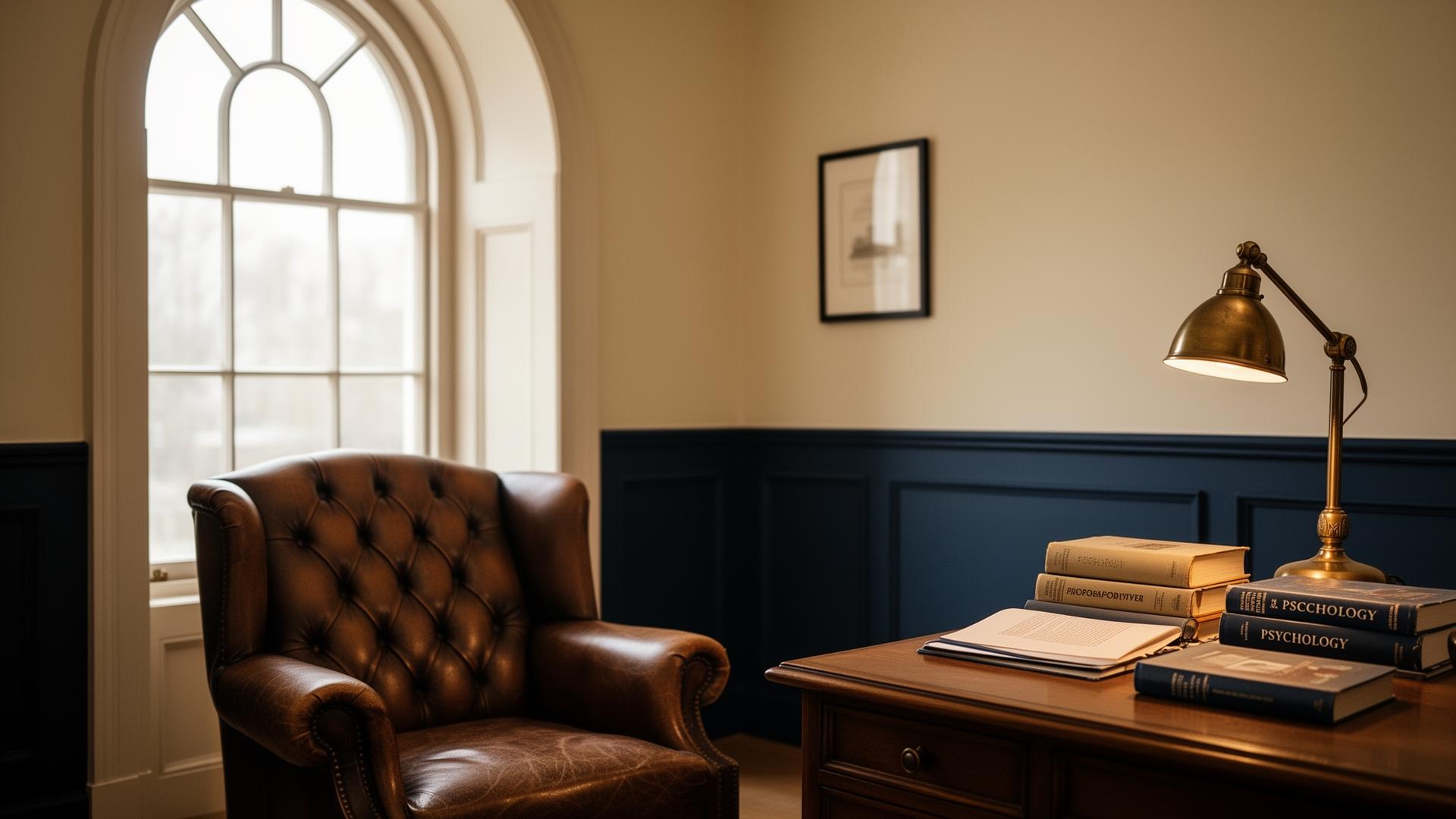 Quiet therapy office with a leather chair, arched window and psychology books